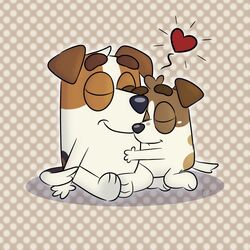  1:1 anthro bluey_(series) brother_(lore) brother_and_sister_(lore) canid canine canis closed_eyes cuddling digital_media_(artwork) domestic_dog duo female floppy_ears fur head_tuft heart_symbol hi_res hug hunting_dog inklingbear_(artist) jack_russell_(bluey) jack_russell_terrier kneeling larger_male lulu_russell male mammal multicolored_body multicolored_fur pattern_background paws shadow sibling_(lore) signature simple_background sister_(lore) sitting sitting_on_ground size_difference smaller_female smile tail tail_tuft terrier tuft 