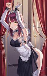  aliceblue apron armpits arms_up bad_id bad_pixiv_id bare_shoulders black_dress bondage bondage bound breasts bridal_gauntlets chains choker cleavage collarbone cowboy_shot cuffs curtains dress female frilled_choker frilled_dress frills frown handcuffs highres indoors large_breasts long_hair looking_at_viewer maid maid_apron original panties red_hair restrained skindentation sleeveless sleeveless_dress solo standing thighhighs thighs underwear v-shaped_eyebrows waist_apron white_panties white_thighhighs yellow_eyes 