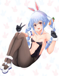  animal_ear_fluff animal_ears ass bare_shoulders black_gloves black_leotard blue_hair braid brown_pantyhose carrot_hair_ornament center_opening commentary detached_sleeves female food-themed_hair_ornament fur_collar fur_trim gloves hair_ornament hands_up highres hololive knees_up leotard long_hair looking_at_viewer navel neneru open_mouth orange_eyes pantyhose rabbit_ears rabbit_girl shoes solo stomach strapless strapless_leotard twin_braids twintails usada_pekora usada_pekora_(1st_costume) v virtual_youtuber white_footwear 