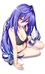  bikini black_bikini blue_hair blush breasts female highres iris_heart iwashi_dorobou_-r- kami_jigen_game_neptune_v large_breasts long_hair looking_at_viewer navel neptune_(series) pink_eyes power_symbol power_symbol-shaped_pupils simple_background sitting smile solo string_bikini swimsuit symbol-shaped_pupils very_long_hair white_background 