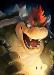  2022 2_horns anthro armband black_background bowser claws digital_media_(artwork) digital_painting_(artwork) eyebrows glowing hair hi_res horn illumination_entertainment koopa light lighting male mario_bros nintendo open_mouth open_smile painterly racoonwolf scalie scene_interpretation shaded shadow shell signature simple_background smile solo spiked_armband spiked_shell spikes spikes_(anatomy) star teeth the_super_mario_bros_movie tongue 