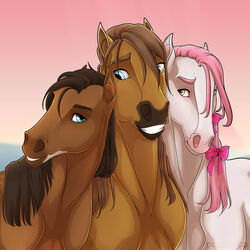  1:1 2022 ambiguous_gender blue_eyes brown_body brown_hair digital_media_(artwork) dolero drizer equid equine feral group hair happy hi_res horse looking_at_another looking_at_viewer mammal mane peach_(wasen) pink_hair pressed_against sillion_(swag2dragon) simple_background smile teeth teeth_showing trio white_body yellow_eyes 