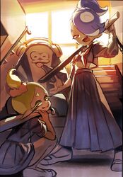  1boy 2girls baseball_bat big_man_(splatoon) black_serafuku blonde_hair blue_hair crop_top crop_top_overhang delinquent frye_(splatoon) headphones highres holding holding_baseball_bat holding_weapon indoors inkling long_skirt looking_at_viewer manta_ray midriff multiple_girls nomu_(29_nom) octoling official_alternate_costume official_alternate_hairstyle ponytail red_eyes school_uniform serafuku shiver_(splatoon) shoes sitting sitting_on_stairs skirt smile splatoon_(series) splatoon_3 stairs standing sukeban tentacle_hair tongue tongue_out uwabaki weapon white_footwear window 