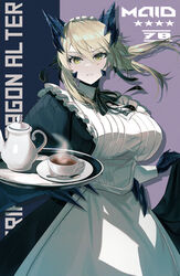  absurdres alternate_costume apron artoria_pendragon_(fate) artoria_pendragon_(lancer_alter)_(fate) black_dress blonde_hair breasts character_name commission cup dolce_(dolsuke) dress enmaided fate/grand_order fate_(series) female highres horns juliet_sleeves large_breasts long_hair long_sleeves looking_at_viewer maid maid_headdress pixiv_commission ponytail puffy_sleeves saucer sidelocks solo spoon tea teacup teapot tray white_apron yellow_eyes 