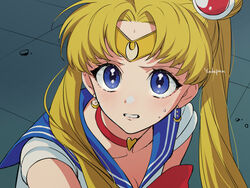  bishoujo_senshi_sailor_moon bishoujo_senshi_sailor_moon_s blonde_hair blue_background blue_eyes blue_sailor_collar choker circlet collarbone commentary_request crescent crescent_earrings derivative_work earrings female from_side hair_bun hair_over_shoulder heart jewelry long_hair magical_girl meme red_choker sailor_collar sailor_moon sailor_moon_redraw_challenge_(meme) sailor_senshi_uniform screenshot_redraw single_hair_bun solo tsukino_usagi twintails upper_body yudepan_(yuri_no_sugata) 