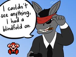  4:3 anthro asinus blindfold cigar controller donkey dunkey_(video_game_dunkey) equid equine eyewear game_controller male mammal mario mario_bros necktie nintendo solo speech_bubble ssbmteo sunglasses videogamedunkey 