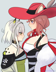  ... 2girls animal_ear_fluff animal_ears arknights asymmetrical_docking bare_shoulders black_choker black_dress blue_eyes breast_envy breast_press breasts brown_hair cat_ears choker cleavage commentary dress ears_through_headwear english_commentary feather_boa green_dress green_eyes grey_background hat heidi_(arknights) height_difference kal&#039;tsit_(arknights) large_breasts material_growth multiple_girls off_shoulder oripathy_lesion_(arknights) red_choker red_headwear short_hair simple_background spoken_ellipsis star_of_life strapless sun_hat supershrimpcakes tube_top upper_body white_hair 