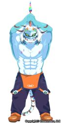  1boy aqua_fur arms_up axe bara commentary_request copyright_notice full_body furry furry_male helmet holding holding_axe large_pectorals live_a_hero male_focus muscular muscular_male nipples overalls pectorals rexer_(live_a_hero) sawch_cls simple_background smile solo sweat tail tiger_boy tiger_tail topless_male white_background 