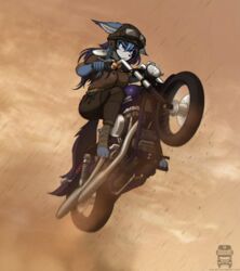  anthro armor canid canine chromatic_aberration clothing cloudy_(disambiguation) dirt eyewear eyewear_on_head feet female foot_wraps goggles goggles_on_head harley_davidson headgear helmet hi_res jacket jumping mammal motion_blur motorcycle orang111 sandstorm solo topwear vehicle wraps 