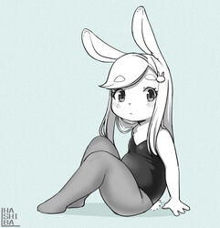  2019 848siba accessory anthro black_clothing black_leotard blush bunny_costume clothing costume digital_media_(artwork) female hair hair_accessory hairclip hi_res lagomorph leotard leporid mammal rabbit shaded simple_background sitting solo white_background 