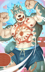  abs anthro asian_mythology biceps bottomwear canid canine canis clothing east_asian_mythology hi_res japanese_mythology kemono lifewonders male mammal mumu202 muscular muscular_anthro muscular_male mythology nipples oguchi_magami_(tas) pecs shorts solo swimwear tattoo tokyo_afterschool_summoners tongue wolf 