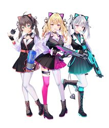  3girls absurdres ahoge animal_ears apex_legends asumi_sena asymmetrical_legwear blonde_hair blue_eyes boots brown_hair cat_ears cattleya_regina_games choker closed_mouth cross-laced_footwear demon_tail dress fake_animal_ears fingerless_gloves full_body garter_straps gloves gun hair_ribbon heterochromia highres holding holding_gun holding_weapon hololive hoshikawa_sara knees_together_feet_apart lace-up_boots leg_up long_hair long_sleeves m1904_mastiff mismatched_legwear multiple_girls myusha natsuiro_matsuri nijisanji open_mouth pantyhose pink_eyes pleated_dress r-301_carbine ribbon second-party_source see-through see-through_sleeves simple_background smile standing standing_on_one_leg tail thigh_strap thighhighs twintails virtual_youtuber vspo! weapon white_background white_hair yellow_eyes 