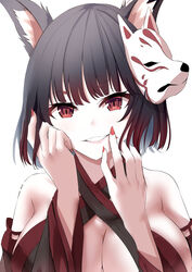  animal_ears azur_lane bare_shoulders black_hair breasts cleavage criss-cross_halter female fingernails halterneck large_breasts looking_at_viewer mask mask_on_head red_eyes red_nails sharp_fingernails short_hair simple_background slit_pupils smile solo suzukawa_sagiri upper_body white_background yamashiro_(azur_lane) yamashiro_(meta)_(azur_lane) 