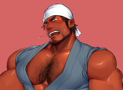  1boy arm_hair bad_id bad_pixiv_id bandana bara beard blush broad_shoulders brown_hair chest_hair dark-skinned_male dark_skin facial_hair hairy japanese_clothes kimono kuromine_hiraya long_sideburns looking_at_viewer male_focus manly mature_male muscular muscular_male open_mouth original pectoral_cleavage pectorals red_eyes scar scar_on_face scar_on_nose sideburns solo spiked_hair sweat sweatdrop thick_arms thick_eyebrows tongue upper_body yukata 