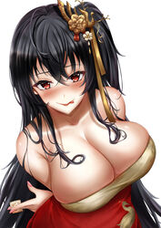  :p absurdres ahoge animal_print arms_behind_back azur_lane bare_shoulders bird bird_print black_hair blush breasts china_dress chinese_clothes cleavage cleavage_cutout clothing_cutout collarbone condom condom_wrapper dress female flower hair_between_eyes hair_ornament hair_over_breasts highres holding holding_condom huge_breasts jewelry large_breasts lips long_hair looking_at_viewer official_alternate_costume red_dress red_eyes simple_background smile solo taihou_(azur_lane) taihou_(phoenix&#039;s_spring_song)_(azur_lane) tongue tongue_out very_long_hair white_background white_flower yukiaka 