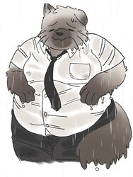  2022 3:4 anthro belly big_belly bottomwear closed_eyes clothing domestic_cat felid feline felis hi_res jamiephut kemono male mammal moobs necktie overweight overweight_male pants raining shirt solo topwear wet wet_clothing wet_shirt wet_topwear 