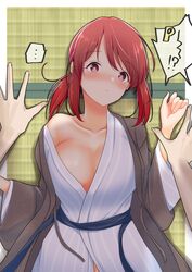  !? ... 1boy absurdres blush breasts bright_pupils collarbone expressionless female highres idolmaster idolmaster_cinderella_girls japanese_clothes kimono large_breasts looking_at_viewer lying mifune_miyu motodouryou naked_kimono on_back p-head_producer ponytail pov pov_hands producer_(idolmaster) red_eyes red_hair single_bare_shoulder speech_bubble spoken_ellipsis white_pupils wide_sleeves 