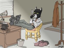  2016 4:3 absurd_res anthro artist_name barefoot black_body black_fur blacksad cigarette detailed_background digital_media_(artwork) domestic_cat doritohead dot_eyes feet felid feline felis fingers foot_focus fur green_sclera hi_res humanoid_feet inside john_blacksad legs_up male mammal plantigrade relaxing simple_eyes sitting solo toes whiskers white_body white_fur 