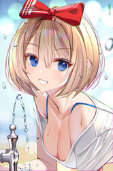  :d bare_shoulders blue_eyes bow bra_strap breasts brown_hair cleavage collarbone commentary downblouse drinking_fountain female from_side grin hair_between_eyes hairbow hanging_breasts highres looking_at_viewer looking_to_the_side md5_mismatch medium_breasts muka_tsuku off-shoulder_shirt off_shoulder open_mouth original red_bow resolution_mismatch shirt short_hair short_sleeves smile solo source_smaller teeth water water_drop white_shirt 