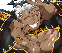  1boy bara black_nails cleavage_cutout clothing_cutout dark-skinned_male dark_skin evil_smile grin halo highres israfil_(housamo) kizami_nori_to_yamaimo large_pectorals looking_at_viewer male_focus muscular muscular_male pectorals red_eyes short_hair smile solo tokyo_afterschool_summoners upper_body white_hair zabaniyya_(housamo) 