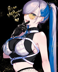  2023 armpits black_gloves blue_eyes breasts crop_top cunnilingus_gesture earrings english_text female fishnets gloves hair_over_one_eye hairband hand_on_own_face heart highres hololive hololive_indonesia jewelry large_breasts looking_at_viewer midriff_peek multicolored_hair orange-tinted_eyewear pavolia_reine pavolia_reine_(streetwear) pochi_(pochi-goya) single_earring solo spiked_hairband spikes streaked_hair sunglasses tinted_eyewear tongue tongue_out virtual_youtuber white_hair yellow-tinted_eyewear 