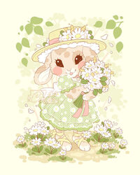  2021 4:5 accessory alternative_fashion blush clothed clothing country_lolita dress eyelashes female floppy_ears flower fur hat headgear headwear j-fashion lagomorph leporid lolita_(fashion) mammal markings plant rabbit samantha_whitten semi-anthro solo spots spotted_body spotted_fur standing tongue tongue_out whiskers 