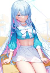  arona_(blue_archive) arona_(blue_archive)_(cosplay) blue_archive blue_eyes blue_hair bow bowtie braid choker closed_mouth cosplay crop_top desk female floating floating_object general_student_council_president_(blue_archive) hair_over_one_eye highres kep_(ahokep) long_hair long_sleeves miniskirt on_desk pink_hair sitting skirt smile solo very_long_hair white_bow white_bowtie white_choker white_skirt 