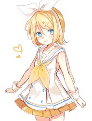  blonde_hair blue_eyes bow collarbone commentary dress_shirt female hair_between_eyes hair_ornament hairbow hairclip kagamine_rin mikumikudance neckerchief paragasu_(parags112) school_uniform serafuku shirt short_hair simple_background skirt smile solo sour_model_(mikumikudance) vocaloid white_background wrist_cuffs yellow_skirt 