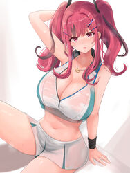  arm_support arm_up armpits azur_lane bad_id bad_pixiv_id bare_shoulders black_hair blush breasts bremerton_(azur_lane) bremerton_(scorching-hot_training)_(azur_lane) crop_top female gradient_background hair_between_eyes hair_ornament hairclip heart highres huge_breasts jewelry large_breasts long_hair looking_at_viewer midriff miniskirt multicolored_hair navel necklace neneru official_alternate_costume open_mouth pink_eyes pink_hair revision see-through shadow shirt sitting skirt sleeveless sleeveless_shirt sportswear stomach streaked_hair sweat sweatband sweatdrop tennis_uniform thighs twintails two-tone_skirt wet wet_clothes wet_shirt white_skirt x_hair_ornament 