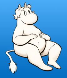  2023 anthro belly big_belly black_eyes blue_background cathodegaytube clip_studio_paint_(artwork) digital_media_(artwork) eyebrows fan_character fur hair hands_on_stomach hi_res male moobs moomin navel nonbinary_(lore) overweight overweight_male prick_ears simple_background sitting solo tail tail_tuft the_moomins troll_(mythology) tuft white_body white_fur white_hair 