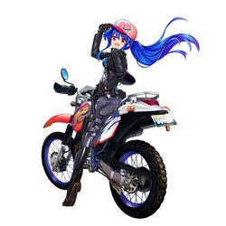  :d alternate_costume alternate_hairstyle baseball_cap biker_clothes black_footwear black_jacket blue_hair boots breasts female from_behind full_body game_cg grey_pants hand_on_headwear hat highres hinanawi_tenshi hinanawi_tenshi_(flaming_gale_rider) jacket leather leather_jacket long_hair long_sleeves looking_at_viewer looking_back motor_vehicle motorcycle official_art open_mouth pants peach_print ponytail red_eyes rotte_(1109) simple_background smile solo third-party_source touhou touhou_lostword white_background 