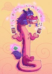  2021 absurd_res anthro asian_mythology container cup dragon east_asian_mythology eastern_dragon facial_hair food fur goatee hair hi_res horn long_(wish_dragon) male mythological_creature mythological_scalie mythology pink_body pink_fur purple_hair scalie simple_background solo stellizard tail tea_cup wish_dragon 