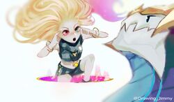  :o absurdres aurelion_sol_(league_of_legends) bare_shoulders blonde_hair bracelet crop_top dragon dryskeleton_(drawing_jimmy) female grey_eyes grey_scarf heterochromia highres index_finger_raised invincible_(series) jewelry league_of_legends long_hair looking_at_another meme multicolored_hair necklace pink_background pink_eyes pink_hair portal_(object) scarf sharp_teeth shorts teeth think_mark_think!_(meme) two-tone_hair upper_teeth_only watermark white_background zoe_(league_of_legends) 