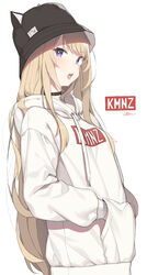  absurdres animal_ear_headwear animal_ears black_choker black_headwear blonde_hair choker cloba eyes_visible_through_hair fake_animal_ears female hands_in_pockets highres hood hood_down hoodie kmnz long_hair mc_lita open_mouth purple_eyes solo teeth tongue virtual_youtuber white_hoodie 