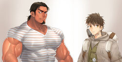  2boys abs arm_hair bad_id bad_pixiv_id bag bara biceps black_hair brown_eyes brown_hair coat collared_coat facial_hair glasses highres hood hoodie jacket jewelry kuromine_hiraya large_pectorals long_hair long_sideburns looking_at_viewer male_focus manly mature_male multiple_boys muscular muscular_male necklace open_clothes open_coat original pectoral_cleavage pectorals ponytail shirt sideburns smile spiked_hair stubble t-shirt tan thick_arms thick_eyebrows tight_clothes upper_body veins veiny_arms yellow_eyes 