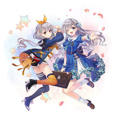  2girls ;d absurdres asymmetrical_legwear bag blue_dress blue_eyes boots braid brown_eyes commentary dress full_body grey_hair hair_ribbon hairband high_heel_boots high_heels highres hisakawa_hayate hisakawa_nagi holding holding_microphone hood hooded_jacket idolmaster idolmaster_cinderella_girls idolmaster_cinderella_girls_starlight_stage iku2727 jacket loafers long_hair looking_at_viewer low_twintails microphone mismatched_legwear multiple_girls one_eye_closed open_mouth petals puffy_short_sleeves puffy_sleeves ribbon sailor_collar school_bag school_uniform shoes short_sleeves shorts siblings sisters smile socks star_(symbol) thighhighs twins twintails v white_legwear 