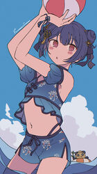  absurdres arm_guards arms_up ball beachball bikini black_hair black_ribbon blue_bikini blush breasts cloud cloudy_sky day dot_nose double_bun female hair_between_eyes hair_bun hair_ornament hair_ribbon highres holding holding_ball idolmaster idolmaster_shiny_colors innertube looking_at_viewer morino_rinze navel niyororinpayamaru ocean parted_lips red_eyes ribbon short_hair side_slit sky small_breasts solo standing straw_doll swim_ring swimsuit wrist_ribbon 