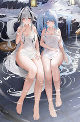  2girls azur_lane barefoot black_horns blue_hair bottle breasts closed_eyes collarbone covering_privates feet full_body grey_hair highres holding holding_towel horns kursk_(azur_lane) kursk_(lone_wolf_amid_the_steam)_(azur_lane) large_breasts legs long_hair looking_at_viewer multicolored_hair multiple_girls naked_towel nude_cover official_alternate_costume onsen partially_submerged qing_wu red_eyes sake_bottle same-sex_bathing shared_bathing snow stone_lantern streaked_hair thighs toenails toes towel very_long_hair voroshilov_(azur_lane) voroshilov_(devoted_as_the_warm_snow)_(azur_lane) white_towel 