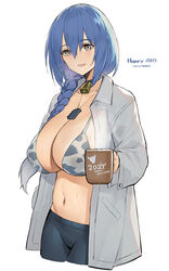  2021 animal_print bikini bikini_top blue_hair braid breasts chinese_zodiac cleavage cow_print cowboy_shot cup dog_tags dp-12_(girls_frontline) eyebrows_visible_through_hair female girls_frontline grey_eyes hair_between_eyes happy_new_year highres huge_breasts long_hair looking_at_viewer midriff mug navel new_year open_clothes open_shirt pandea_work print_bikini shirt single_braid smile solo swimsuit white_background white_shirt year_of_the_ox 