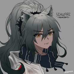  animal_ear_fluff animal_ears arknights artist_name black_scarf brown_eyes cat_ears character_name commentary copyright_name female grey_background grey_hair hair_between_eyes highres korean_commentary long_hair looking_at_viewer scarf schwarz_(arknights) seraphim_throne simple_background solo upper_body 