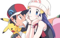  1boy :&lt; baseball_cap beanie black_eyes black_gloves black_hair blue_eyes blush cheek_press closed_mouth commentary_request dawn_(pokemon) dododo_dadada eyelashes female fingerless_gloves fingernails gloves hair_between_eyes hair_ornament hairclip hat jacket long_hair looking_at_viewer pikachu pokemon pokemon_(anime) pokemon_(creature) pokemon_dppt_(anime) satoshi_(pokemon) scarf white_headwear 