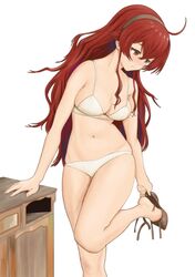  adjusting_footwear ahoge bare_shoulders bra breasts brown_hairband cleavage eris_greyrat female foot_out_of_frame foot_up hair_between_eyes hairband highres large_breasts long_hair looking_down mushoku_tensei navel orange_eyes panties putting_on_shoes red_hair rora_(user_vgpk4444) simple_background solo standing standing_on_one_leg table thighhighs thighs underwear underwear_only white_background white_bra white_panties wooden_table 