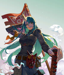  alternate_costume aqua_hair arknights armband belt buming female from_below hand_on_hilt highres horns hoshiguma_(arknights) hoshiguma_(ronin_huntress)_(arknights) long_hair looking_at_viewer mask official_alternate_costume oni_mask photoshop_(medium) single_horn smile smirk smoke solo wind yellow_eyes 