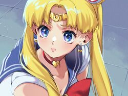  bishoujo_senshi_sailor_moon bishoujo_senshi_sailor_moon_s blonde_hair blue_background blue_eyes blue_sailor_collar bow bowtie breasts choker circlet cleavage collarbone crescent crescent_earrings derivative_work earrings female from_side hair_ornament hair_over_shoulder heart heart_choker highres jewelry karasuma_yayoi long_hair magical_girl meme parted_bangs parted_lips red_bow red_bowtie red_choker sailor_collar sailor_moon sailor_moon_redraw_challenge_(meme) sailor_senshi_uniform school_uniform screenshot_redraw serafuku solo sweatdrop tsukino_usagi twintails upper_body 