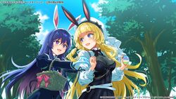  2girls :d animal_ears armband assault_lily basket belt beret black_bow black_bowtie black_dress black_ribbon black_skirt blonde_hair blue_eyes blue_hair blue_sky blunt_bangs blurry blurry_background blush bodysuit bow bowtie breasts buttons cleavage cloud commentary_request cowboy_shot cropped_jacket dangmill day dress easter easter_egg egg fake_animal_ears floating_hair frilled_hat frills hair_between_eyes hairband hand_on_another&#039;s_back hands_up hat hat_bow hat_with_ears highres holding holding_basket holding_egg itou_shizu_(assault_lily) juliet_sleeves layered_dress light_particles long_hair long_sleeves looking_at_another looking_back medium_breasts multiple_girls o-ring o-ring_belt official_art outdoors outstretched_arms pink_bow puffy_sleeves purple_eyes pushing rabbit_ears ribbon school_uniform shrug_(clothing) sidelocks skirt sky sleeve_ribbon smile standing striped striped_bow tachihara_sayu teeth translation_request tree upper_teeth_only very_long_hair watermark white_belt white_hairband white_headwear yurigaoka_girls_academy_school_uniform 