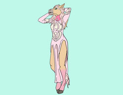  2021 anthro clothed clothing collar crossdressing digital_media_(artwork) dress equid equine femboy green_eyes hair hands_behind_head hooves horse looking_at_viewer male mammal multicolored_body multicolored_hair open_mouth petpolaris posture_collar shoshana simple_background solo teeth two_tone_body two_tone_hair two_tone_tail 