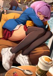  1other 2girls absurdres antenna_hair black_hair black_thighhighs blue_jacket brown_hair chaturbate closed_eyes closed_mouth coffee commentary computer couch cup cushion disposable_cup door dot_nose english_commentary flipped_hair from_behind full_body hair_intakes highres indoors itan_private_high_school_uniform jacket khyle. komi-san_wa_komyushou_desu komi_shouko laptop lighter long_hair long_sleeves medium_hair multiple_girls osana_najimi_(komi-san_wa_komyushou_desu) other_focus paid_reward_available patreon_username pink_hair pleated_skirt red_skirt school_uniform shirt shoes sitting skirt sleeping sneakers spoon starbucks straight_hair swept_bangs table thighhighs thighs vent_(object) web_address white_footwear white_shirt window zettai_ryouiki 