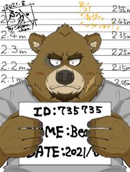  2021 3:4 absurd_res anthro bear biped brown_body brown_fur clothing cute_fangs fur half-length_portrait hi_res humanoid_hands kemono male mammal mugshot portrait scar shirt solo tanutronik753_k text topwear 