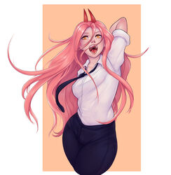  2021 absurd_res chainsaw_man clothed clothing demon digital_media_(artwork) eyebrows eyelashes female fiend_(chainsaw_man) hair hi_res horn humanoid monian not_furry open_mouth pink_hair power_(chainsaw_man) solo teeth tongue 