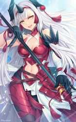  black_gloves breasts cleavage clothing_cutout fate/grand_order fate_(series) feathers female gloves hagino_kouta highres kiichi_hougen_(fate) long_hair navel navel_cutout polearm solo spear twitter_username weapon white_hair yellow_eyes 